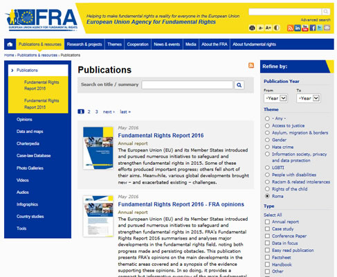 Screenshot of FRA website publications page