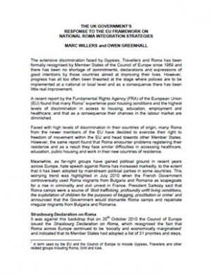 thumbnail of report 'The UK Government's response to the EU framework on national Roma integration strategies'