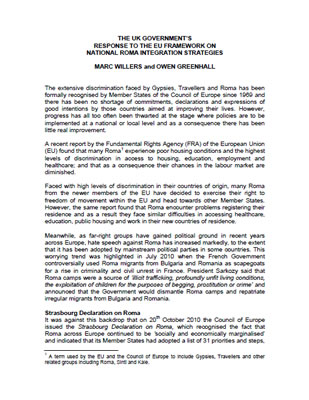 thumbnail of report 'The UK Government's response to the EU framework on national Roma integration strategies'