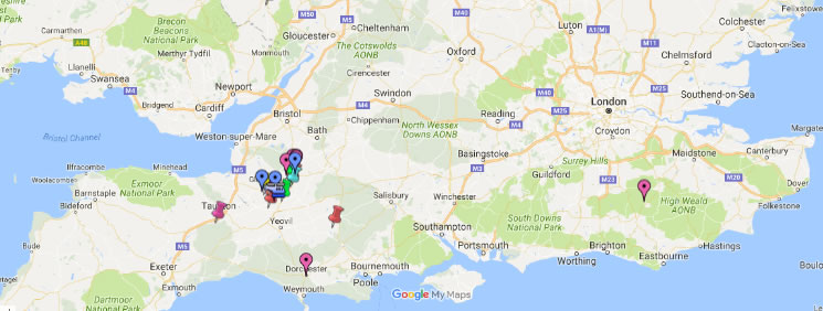 Map of South UK showing Traditional stopping places