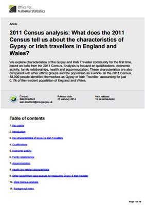thumbnail of contents table for '2011 census - what does the 2011 census tell us about the characteristics of Gypsy or Irish Travellers in England and Wales'