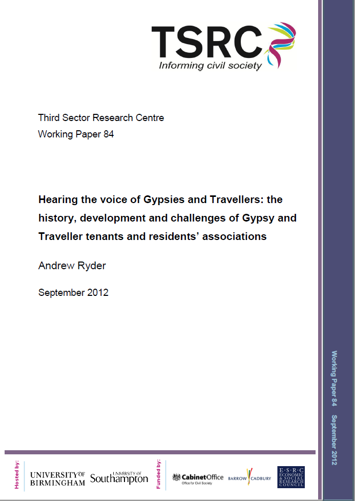 Thumbnail of working paper front cover 'Hearing the voice of Gypsies and Travellers: the history, development and challenges of Gypsy and Traveller tenants and residents' associations'