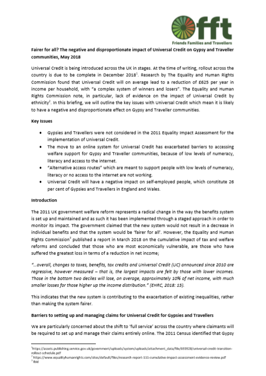 Thumbnail of report 'Fairer for all? The negative and disproportionate impact of Universal Credit on Gypsy and Traveller communities