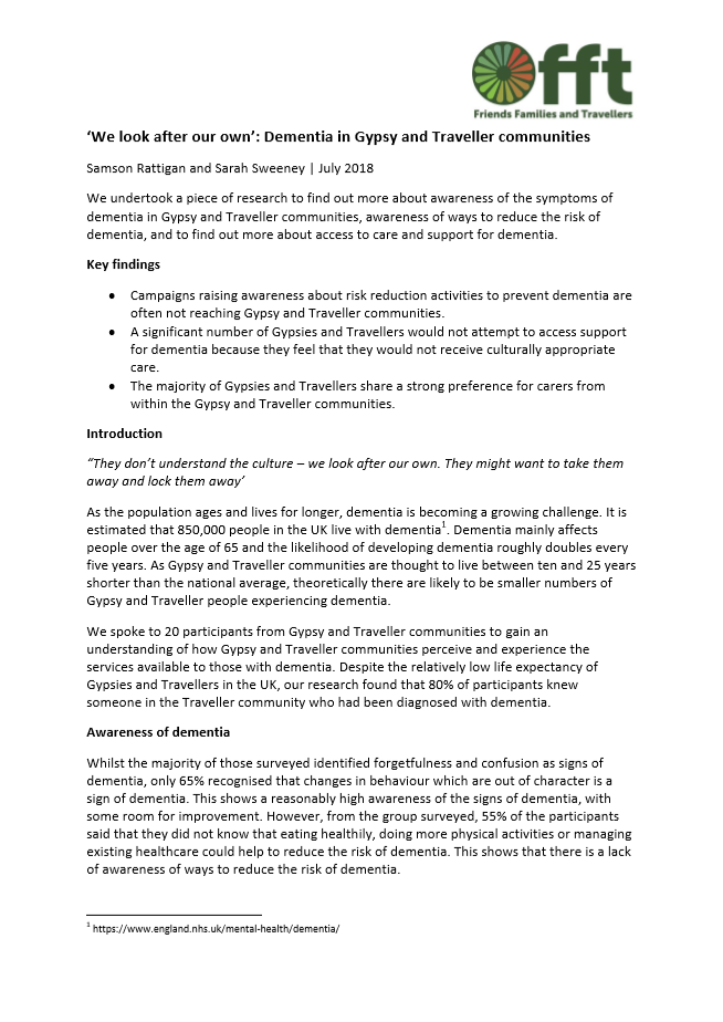 Thumbnail of report cover 'We look after our own: Dementia in Gypsy and Traveller communities'