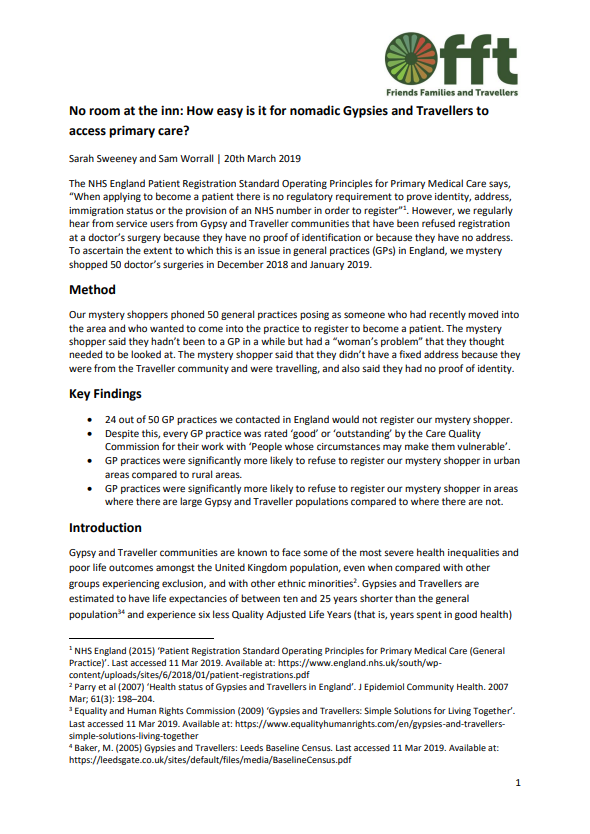 Thumbnail of report for 'No room at the inn: How easy is it for nomadic Gypsies and Travellers to access primary care?'