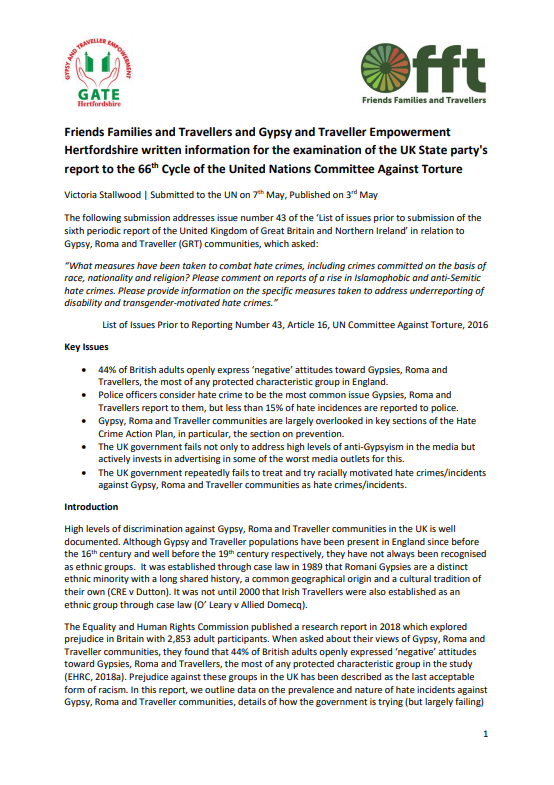 Thumbnail of report for 'Friends Families and Travellers and Gypsy and Traveller Empowerment Hertfordshire written information for the examination of the UK State party's report to the 66th Cycle of the United Nations Committee against Torture'