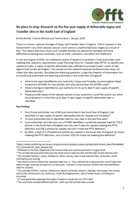 thumbnail of report cover for No place to stop: Research on the five year supply of deliverable Gypsy and Traveller sites in the South East of England