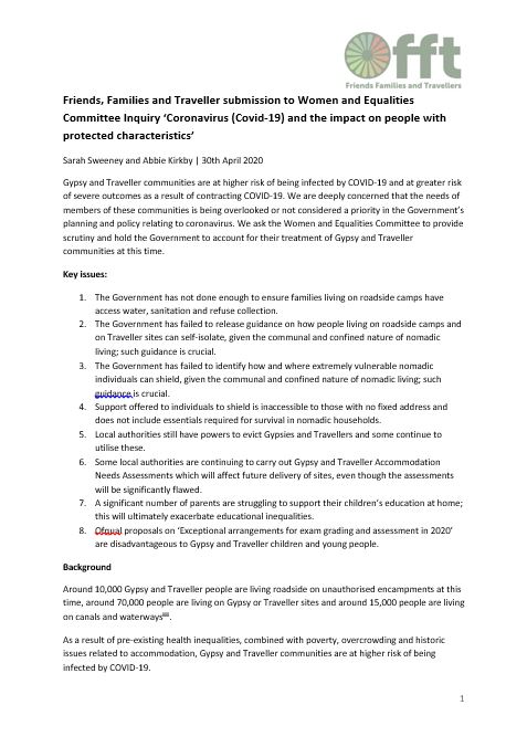 thumbnail of report cover for friends families and travellers submission to women and equalities committee inquiry into COVID-19 and the impact on people with protected characteristics