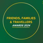 Green background with a paisley pattern in each corner. Friends, Families and Travellers Awards 2024 written in the centre.
