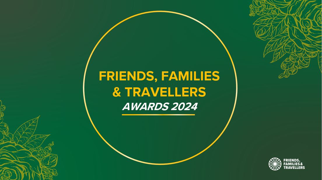 Green background with a paisley pattern in each corner. Friends, Families and Travellers Awards 2024 written in the centre.