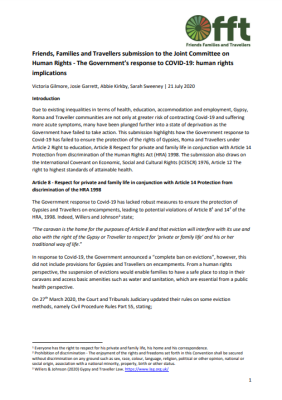 thumbnail of report cover for friends families and travellers submission to the joint committee on human rights the government's response to cover-19 human rights implications