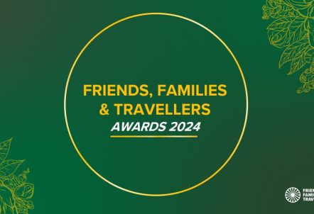 Green background with a paisley pattern in each corner. Friends, Families and Travellers Awards 2024 written in the centre.